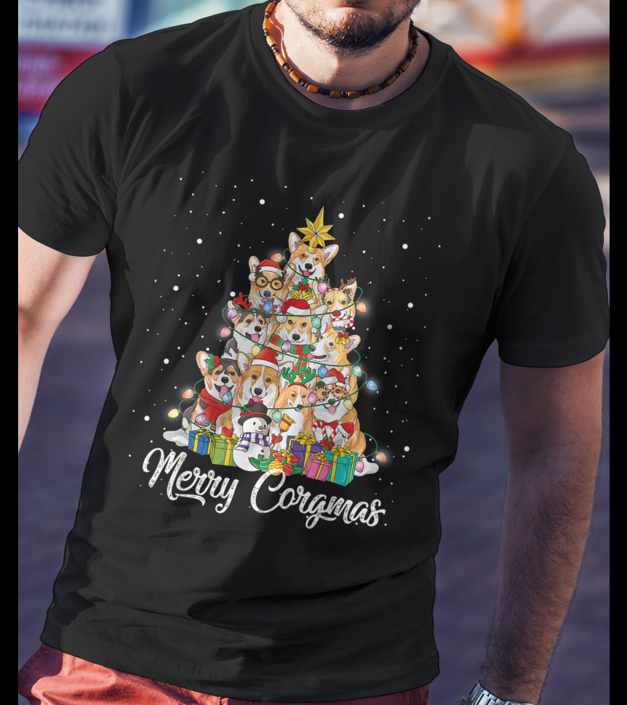 Merry Corgmas Corgi Christmas Tree Dog Gifts Snowman Star Lights T-Shirt