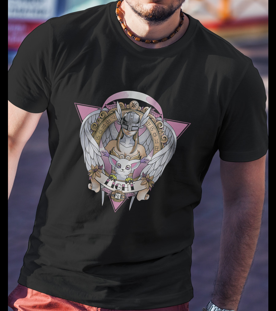 Angewomon Digimon Light Angel Wings Sacred Geometry Design Fight Banner T-Shirt