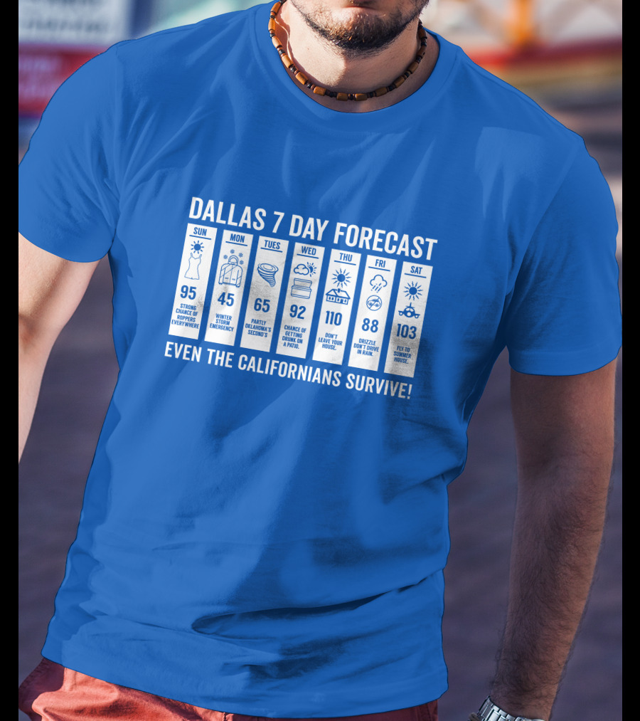 Dallas 7 Day Forecast Weather Parody Even The Californians Survive Bullzerk Merch T-Shirt