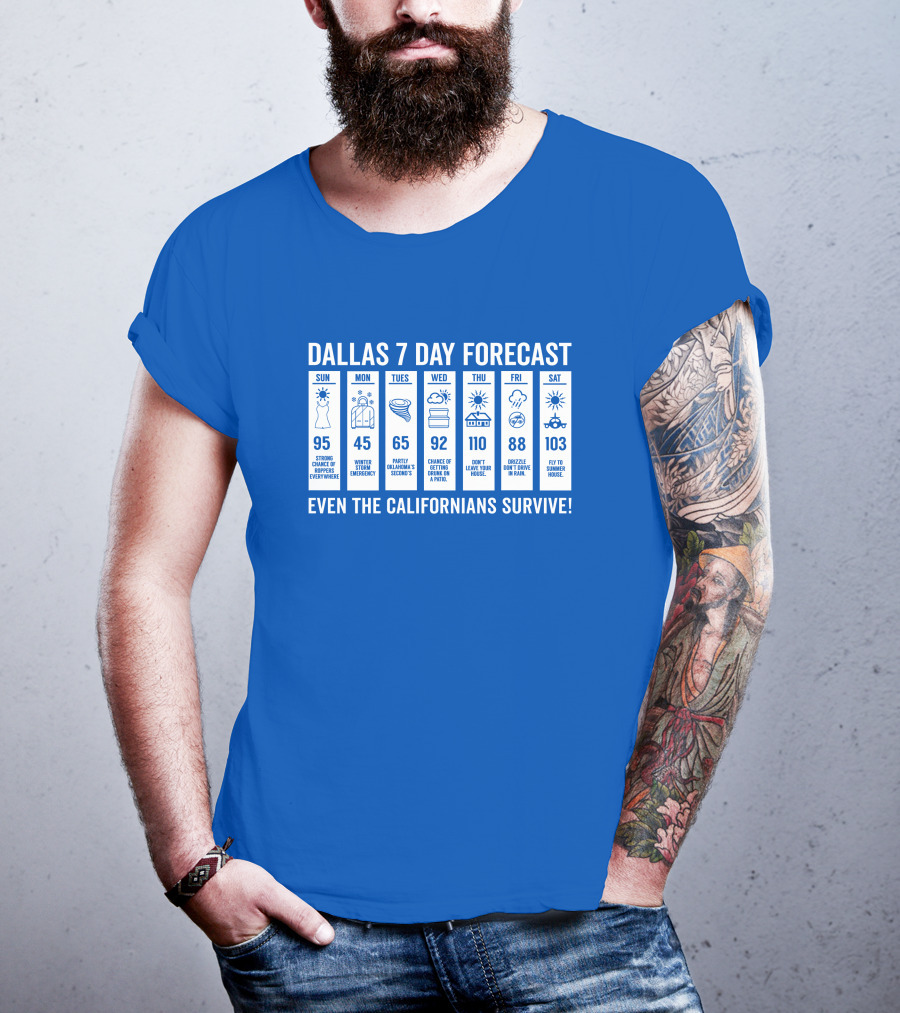Dallas 7 Day Forecast Weather Parody Even The Californians Survive Bullzerk Merch T-Shirt