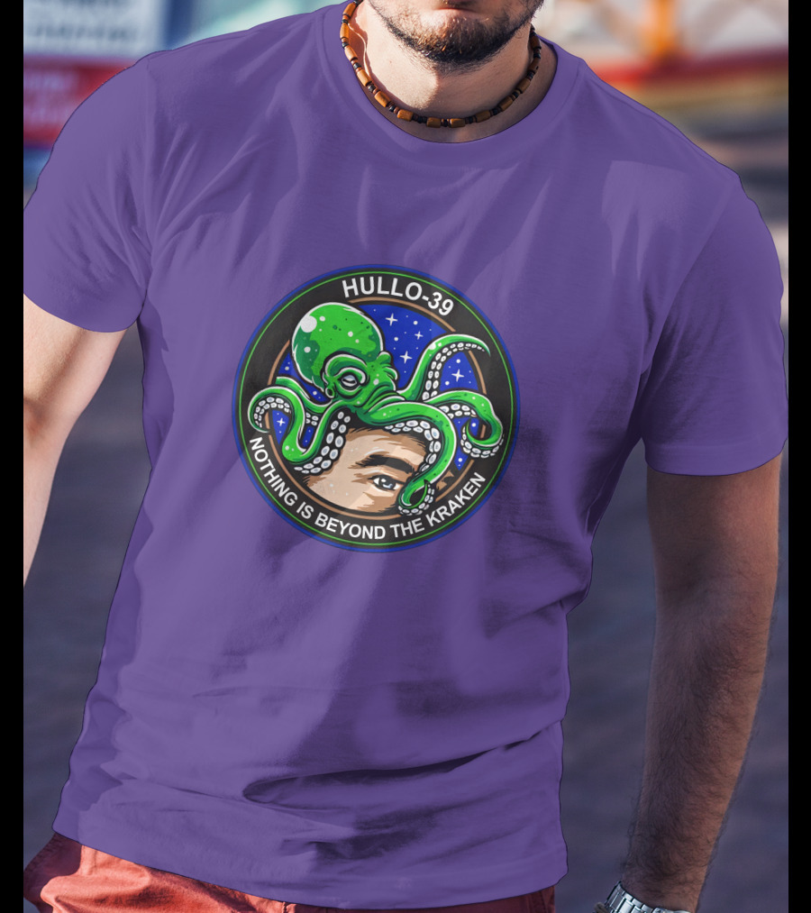 Hullo-39 Nothing Is Beyond The Kraken Green Octopus Starry Sky Badge T-Shirt