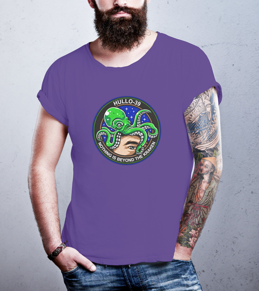 Hullo-39 Nothing Is Beyond The Kraken Green Octopus Starry Sky Badge T-Shirt