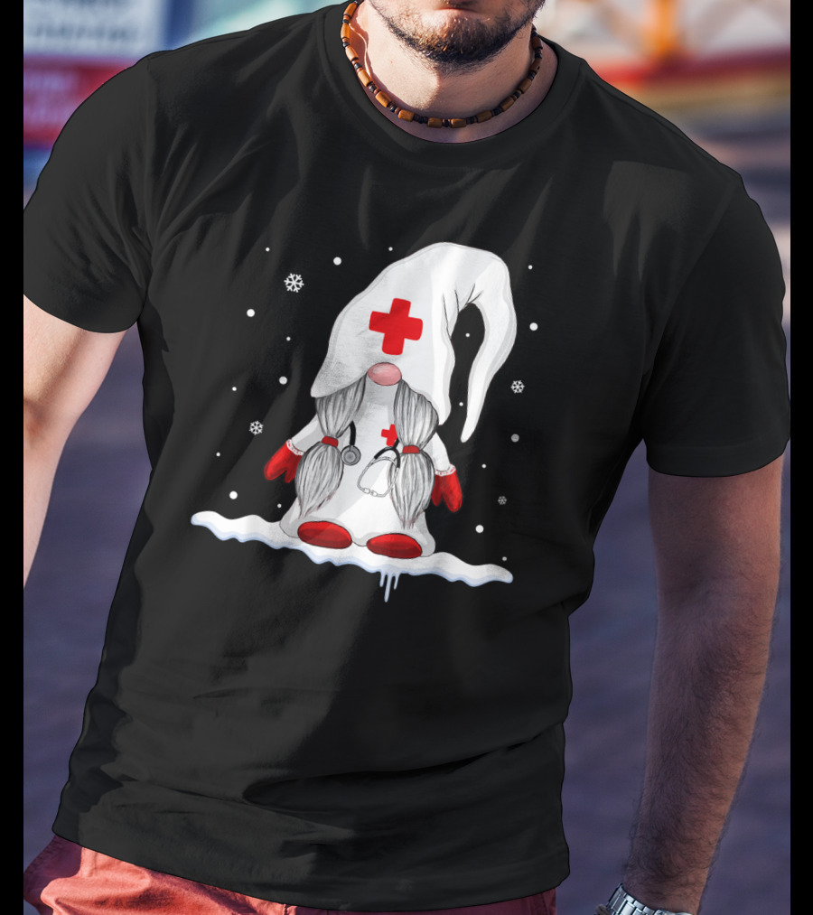 Gnome Nurse With Stethoscope And Red Cross Winter Scene T-Shirt