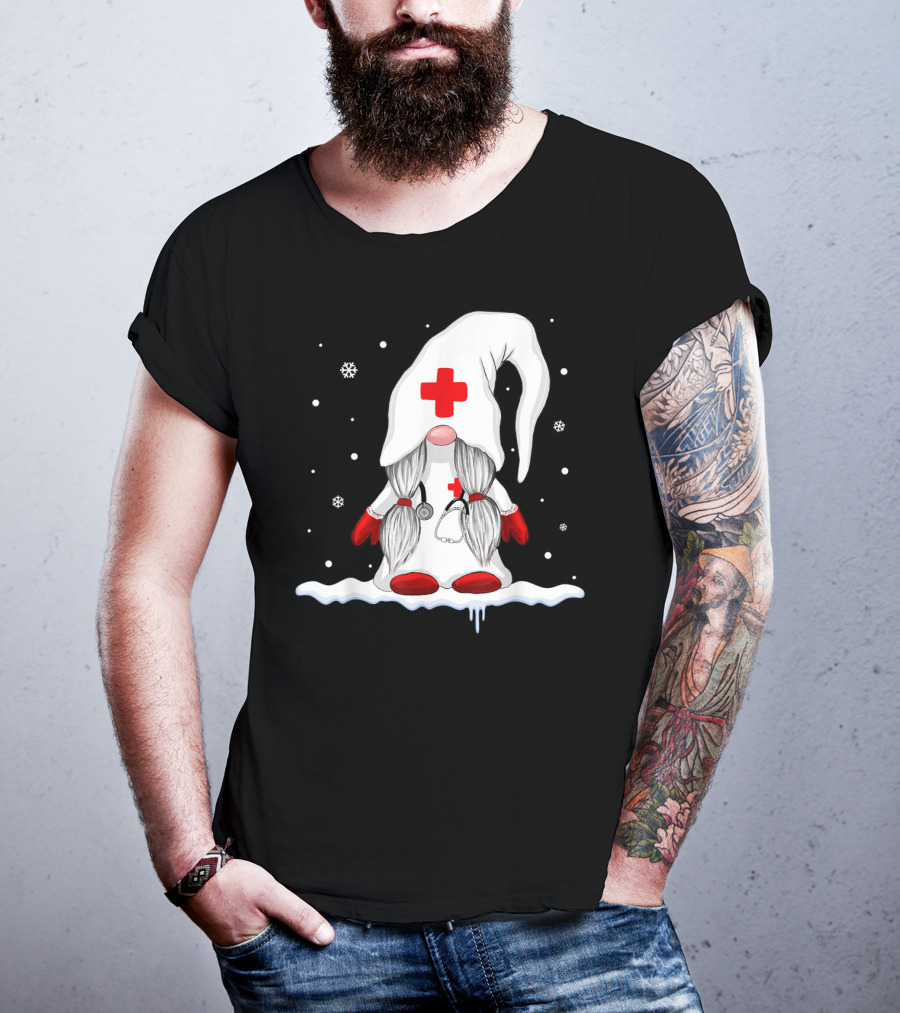 Gnome Nurse With Stethoscope And Red Cross Winter Scene T-Shirt