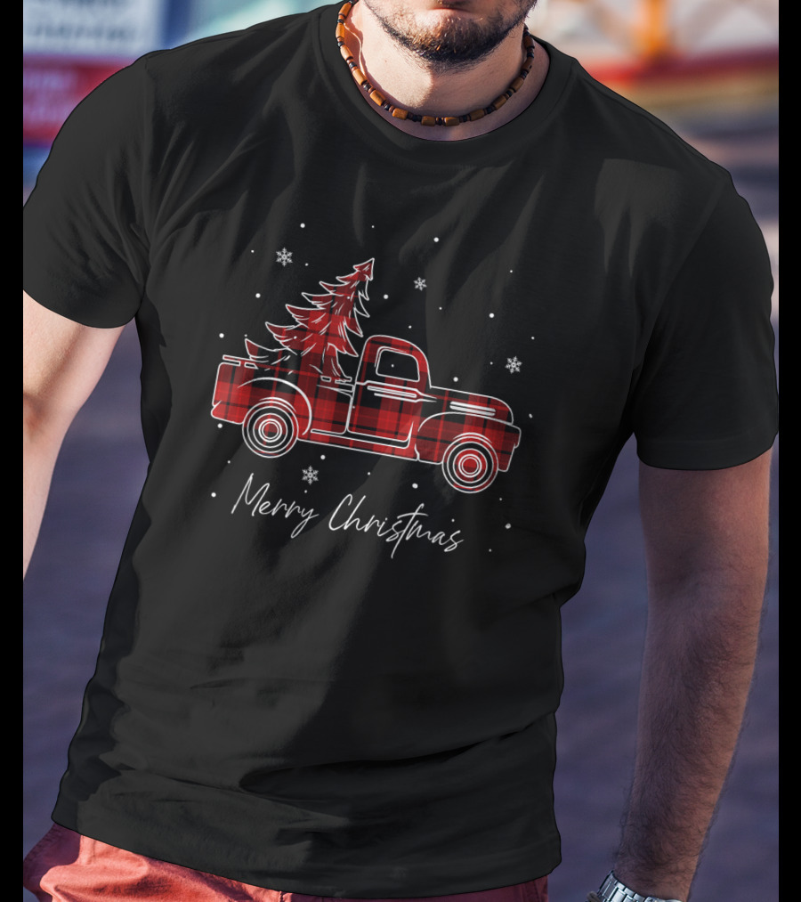 Merry Christmas Buffalo Plaid Red Truck Christmas Tree T-Shirt