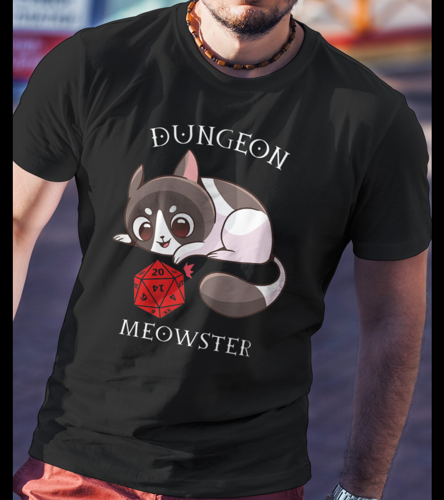 Dungeon Meowster Cat With D20 Nerd RPG Table Top Gamer T-Shirt