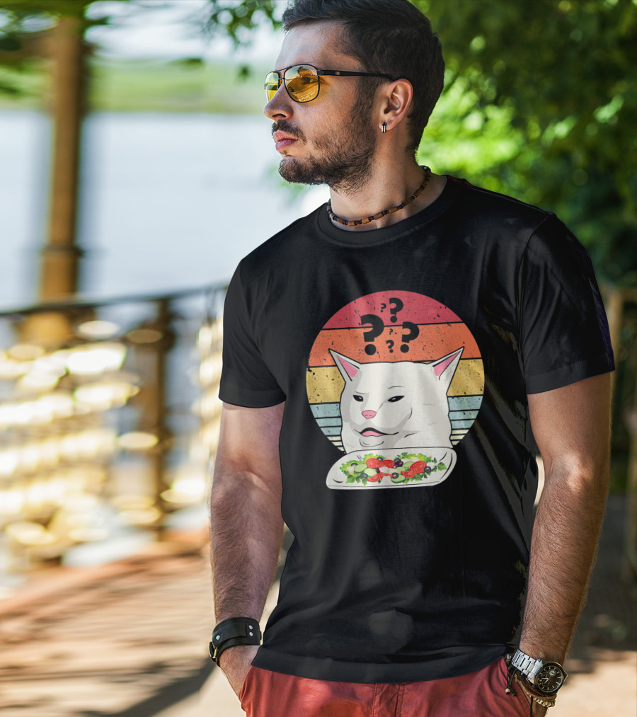 Cat Meme Confused Expression With Salad And Retro Color Stripes T-Shirt