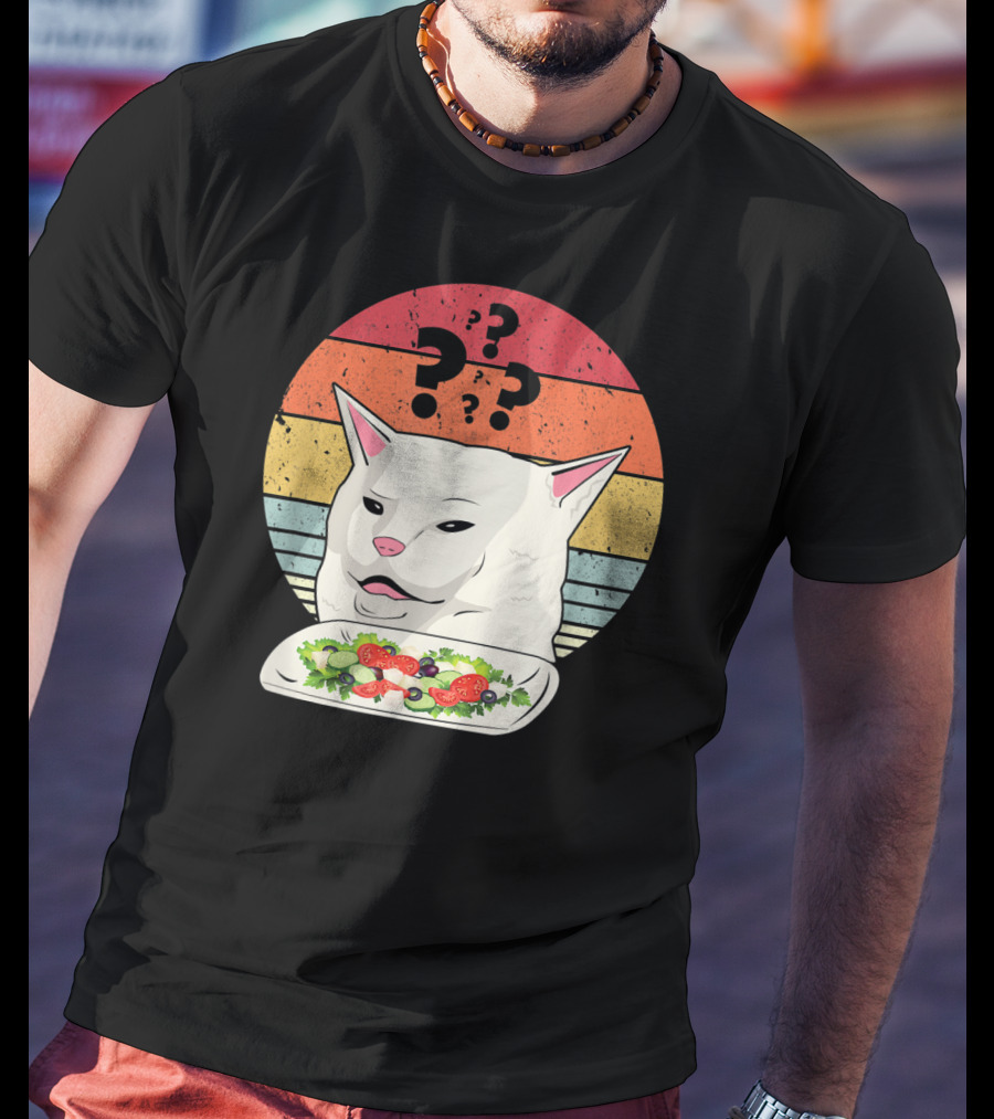 Cat Meme Confused Expression With Salad And Retro Color Stripes T-Shirt