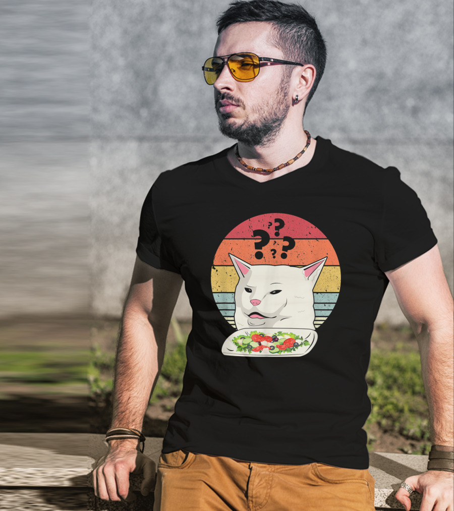 Cat Meme Confused Expression With Salad And Retro Color Stripes T-Shirt