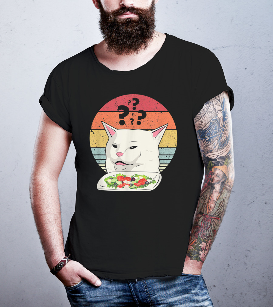 Cat Meme Confused Expression With Salad And Retro Color Stripes T-Shirt