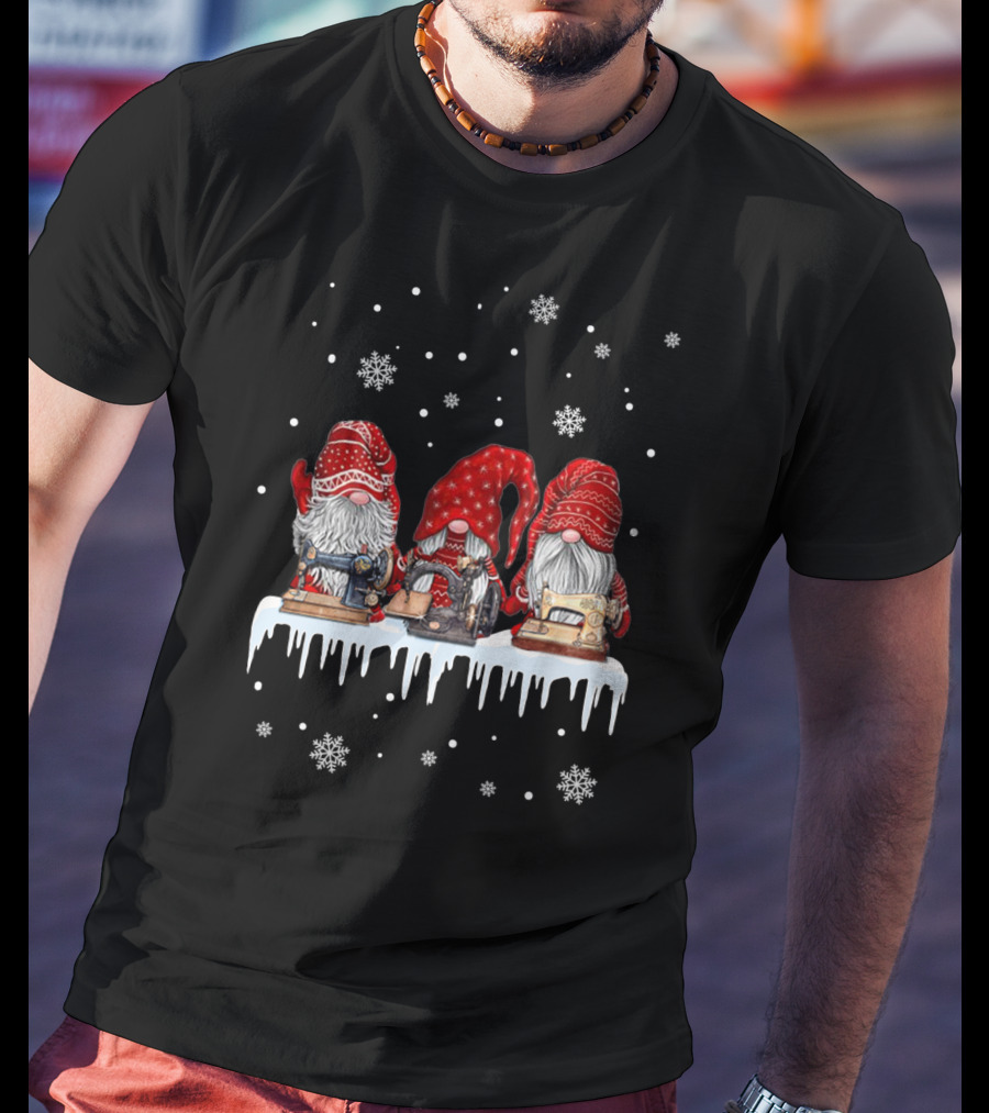 Christmas Gnome Red Sewing Machine Snowflakes T-Shirt