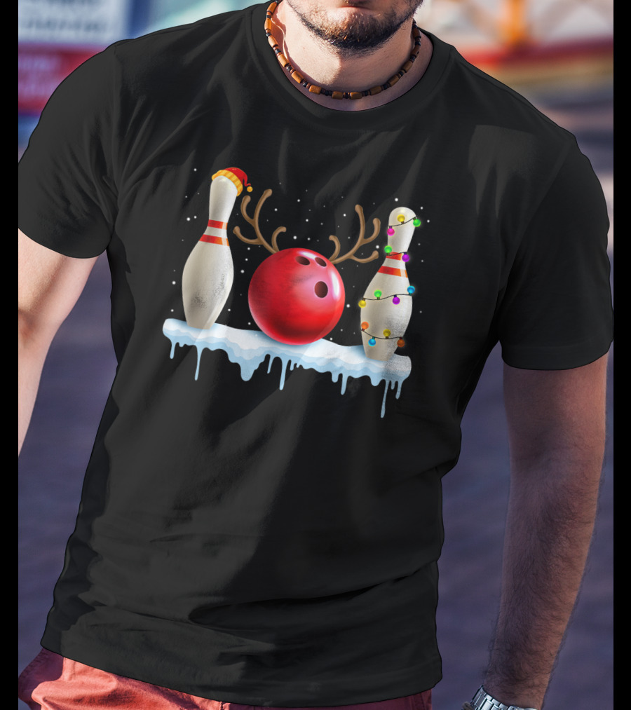 Christmas Santa Hat Reindeer Bowling Ball And Xmas Lights Bowling Pins Lover T-Shirt