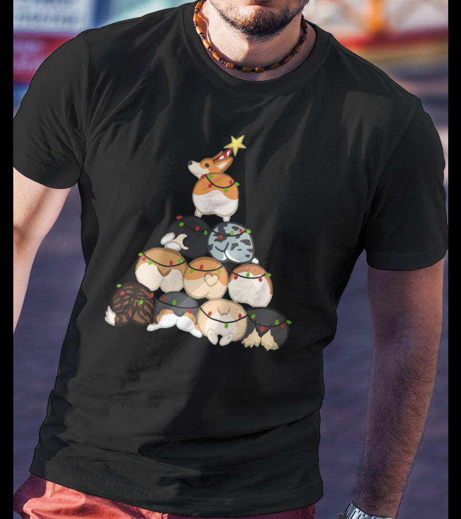 Corgi Butt Christmas Tree With Festive Lights And Star Topper T-Shirt