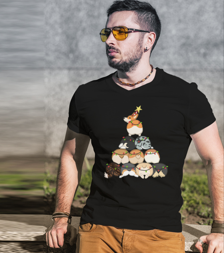 Corgi Butt Christmas Tree With Festive Lights And Star Topper T-Shirt