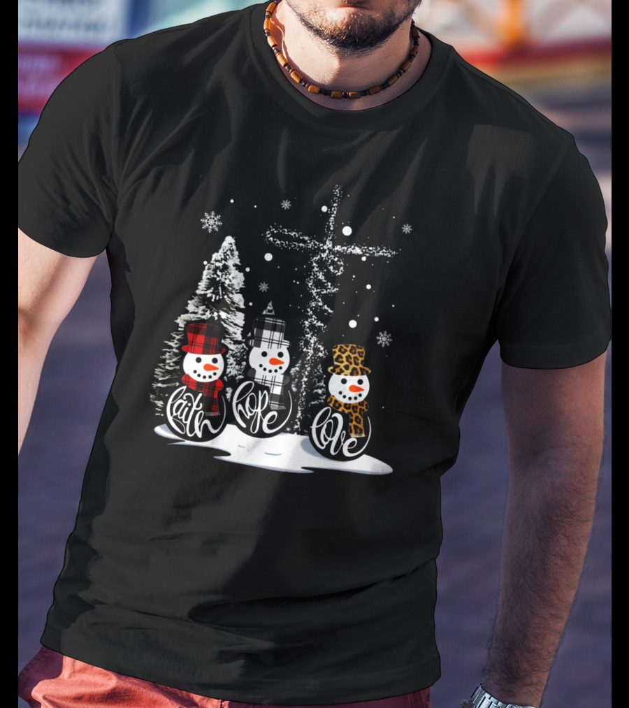 Faith Hope Love Snowmen Jesus Christmas Leopard Plaid T-Shirt