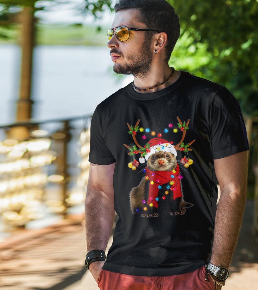 Ferret Santa Reindeer Christmas Lights T-Shirt