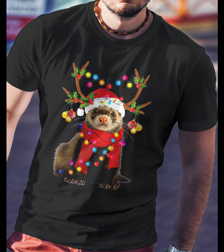 Ferret Santa Reindeer Christmas Lights T-Shirt