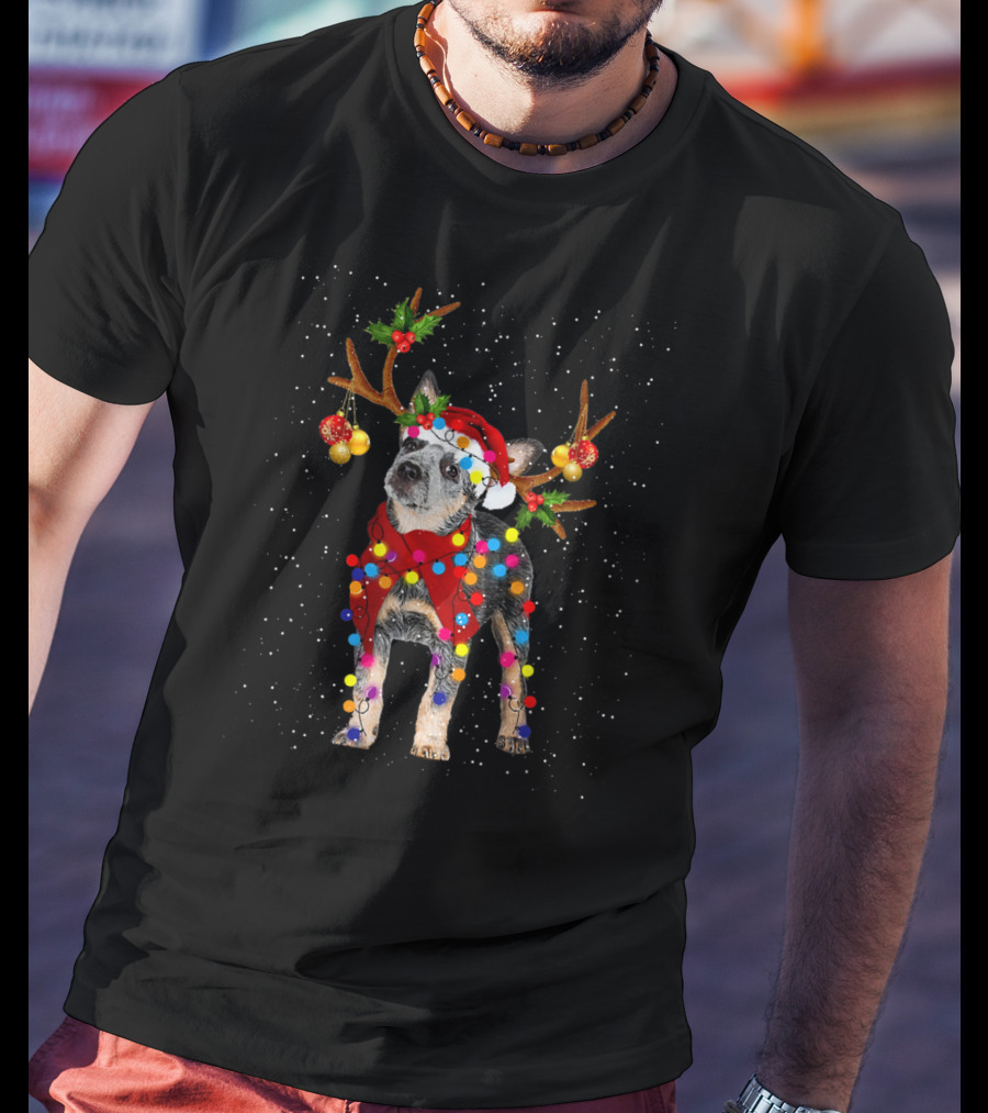 Heeler Dog In Santa Hat With Reindeer Antlers Christmas Lights Snowflakes T-Shirt