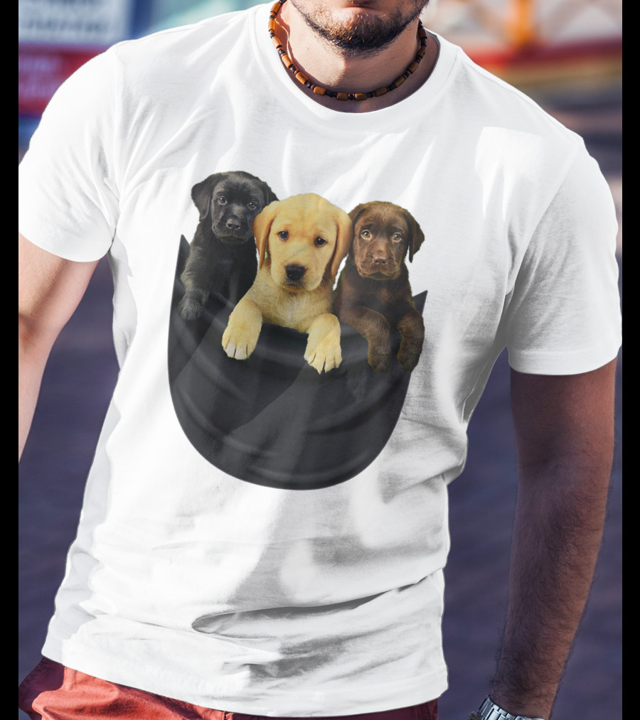Labrador Retriever Puppy Trio In Big Black Pocket Dog T-Shirt