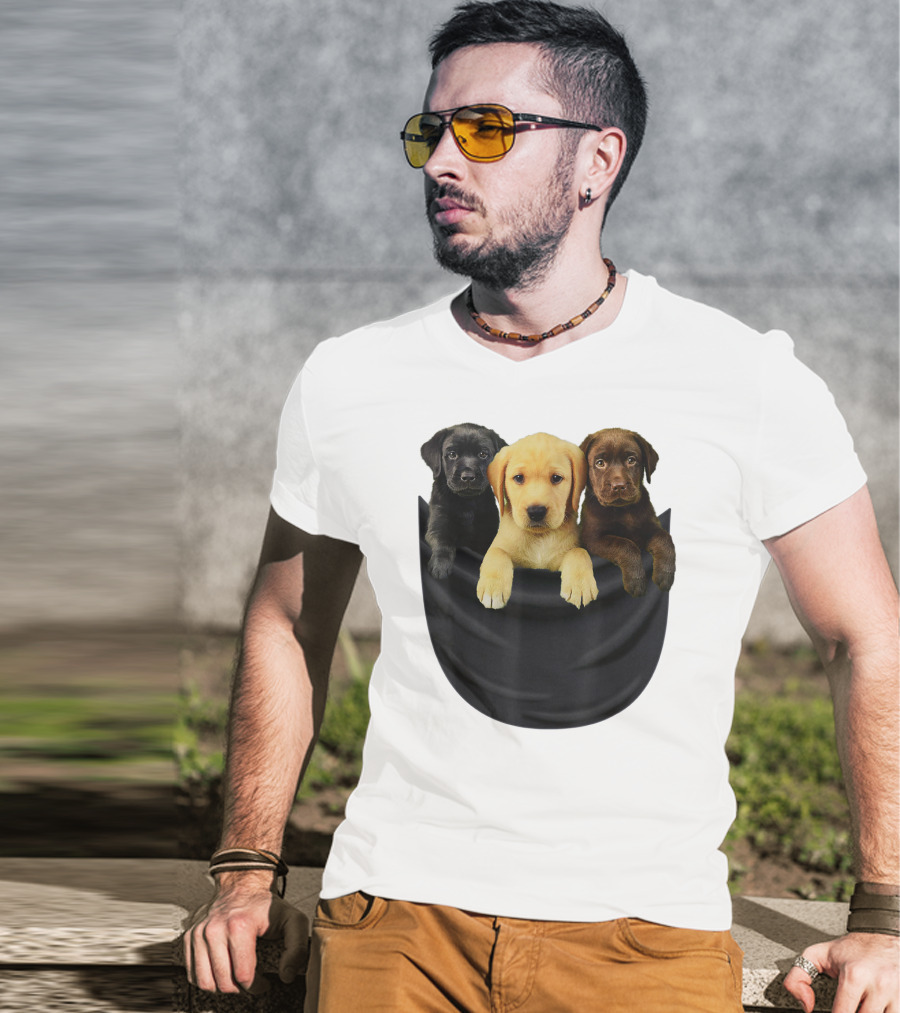 Labrador Retriever Puppy Trio In Big Black Pocket Dog T-Shirt