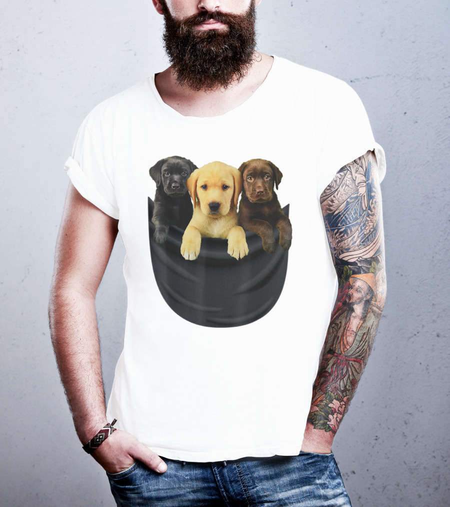 Labrador Retriever Puppy Trio In Big Black Pocket Dog T-Shirt