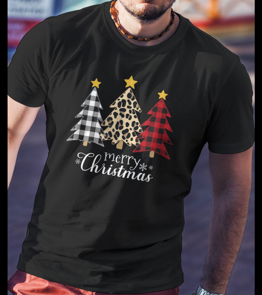 Merry Christmas Buffalo Plaid And Leopard Print Xmas Trees T-Shirt