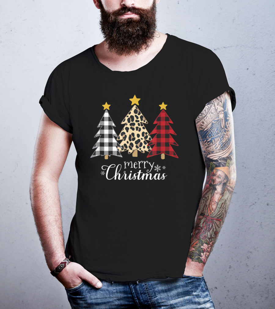 Merry Christmas Buffalo Plaid And Leopard Print Xmas Trees T-Shirt