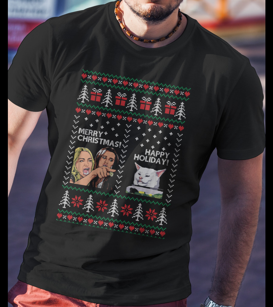 Merry Christmas Happy Holiday Woman Yelling Confused Cat Meme Christmas Trees Gifts Snowflakes T-Shirt