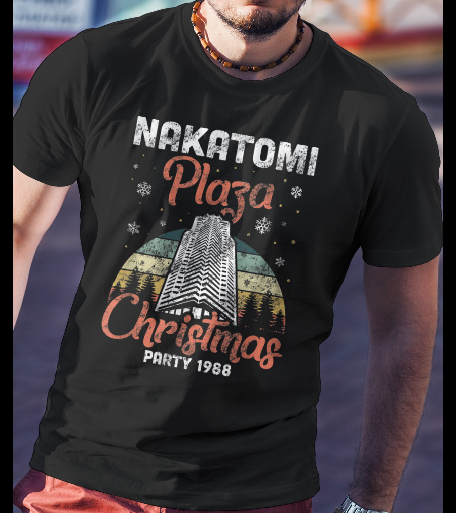 Nakatomi Plaza Christmas Party 1988 Holiday Retro Snowflakes Forest Scene T-Shirt