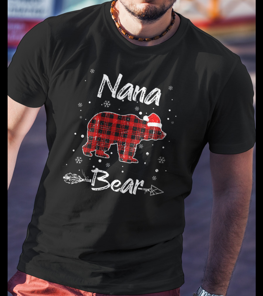 Nana Bear Christmas Red Plaid Santa Hat Snowflakes Arrow T-Shirt