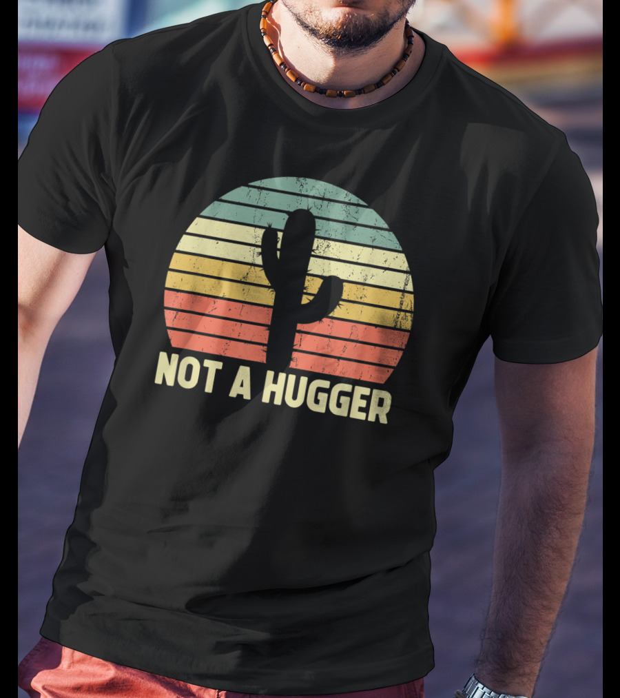 Not A Hugger Cactus Retro Sunset Sarcastic Introvert T-Shirt