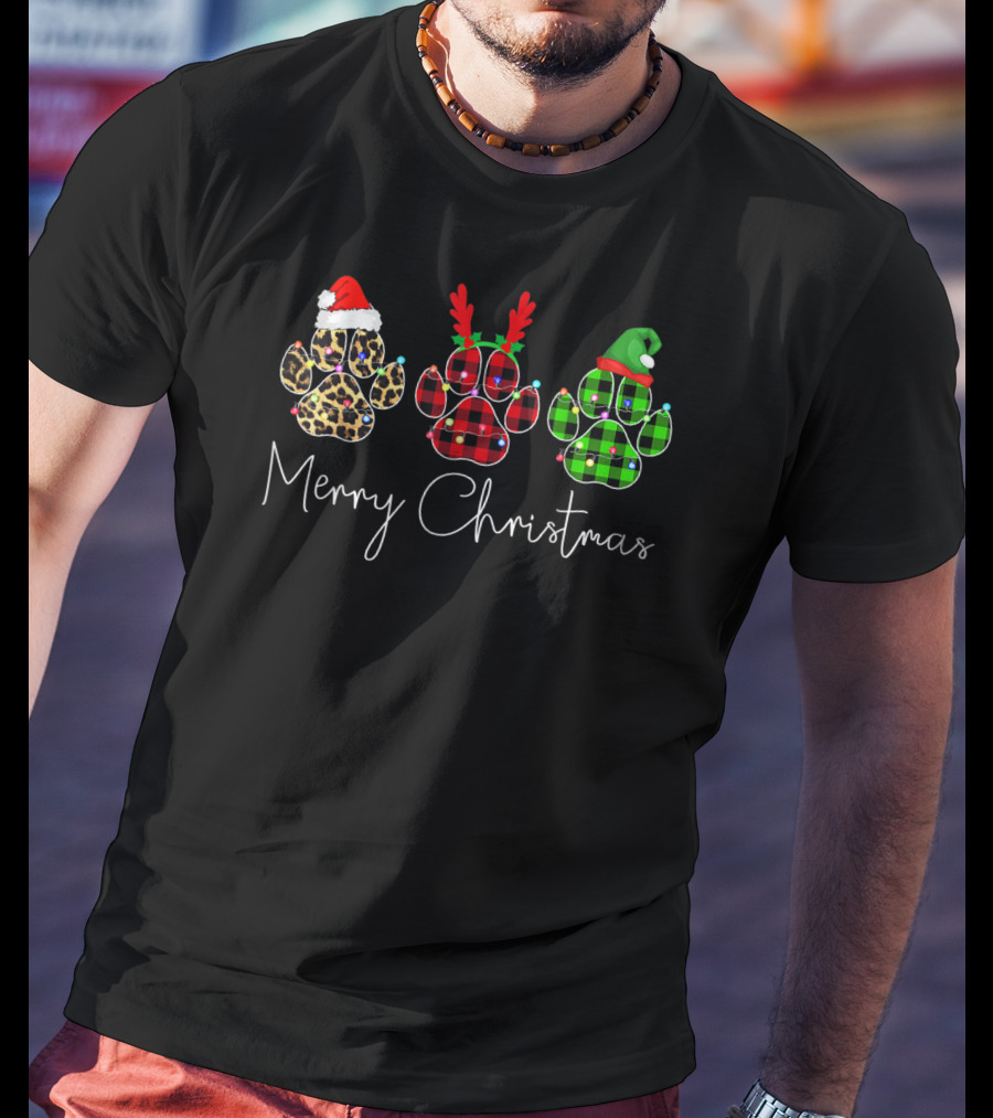 Merry Christmas Leopard Reindeer Elf Paw Dogs T-Shirt