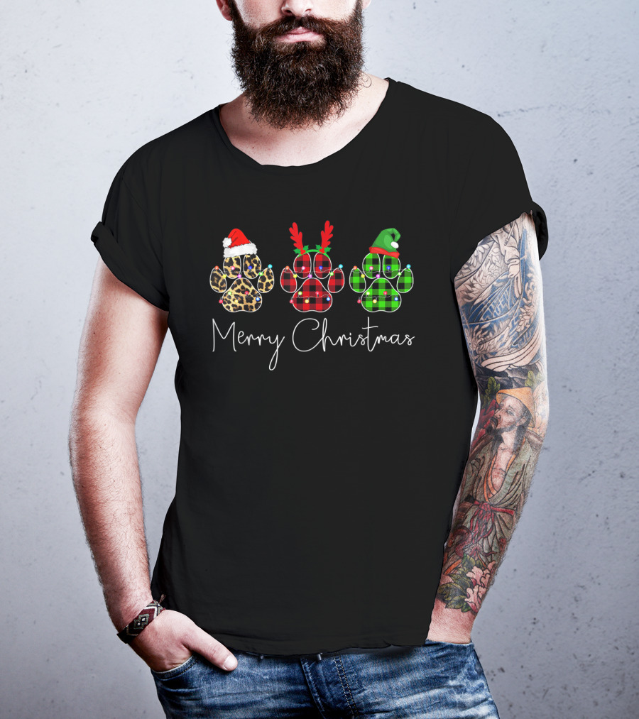 Merry Christmas Leopard Reindeer Elf Paw Dogs T-Shirt