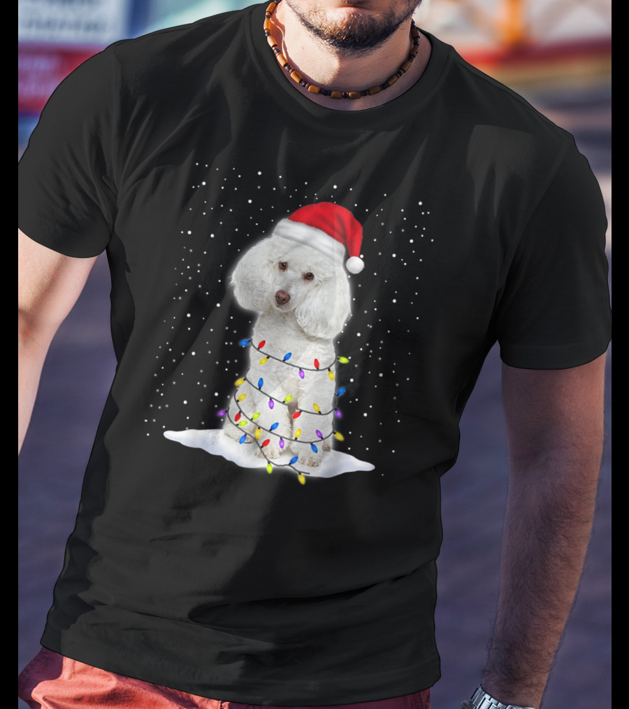 Poodle Santa Christmas Tree Decor With Colorful String Lights Snowfall T-Shirt