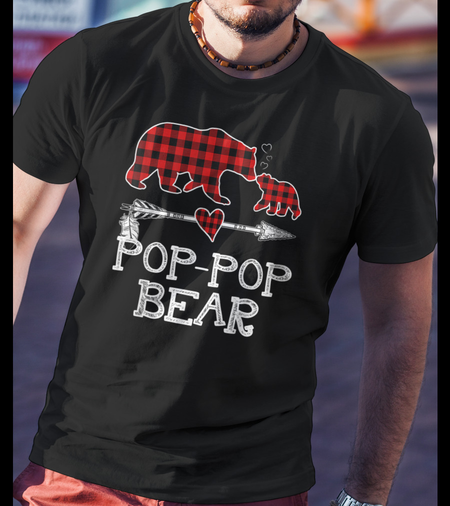 Pop Pop Bear Red Plaid Buffalo Christmas Hearts Arrow T-Shirt
