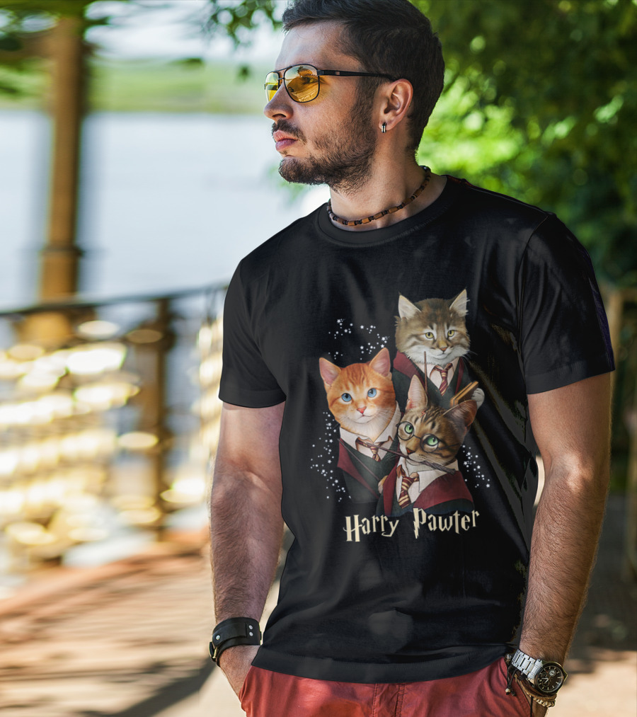Harry Pawter Cats In Wizard Robes With Wands And Glasses T-Shirt