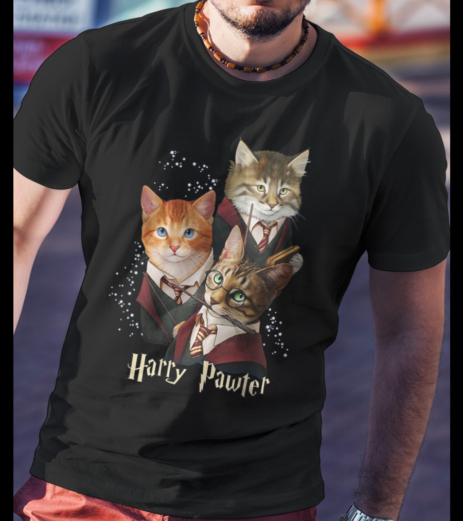 Harry Pawter Cats In Wizard Robes With Wands And Glasses T-Shirt