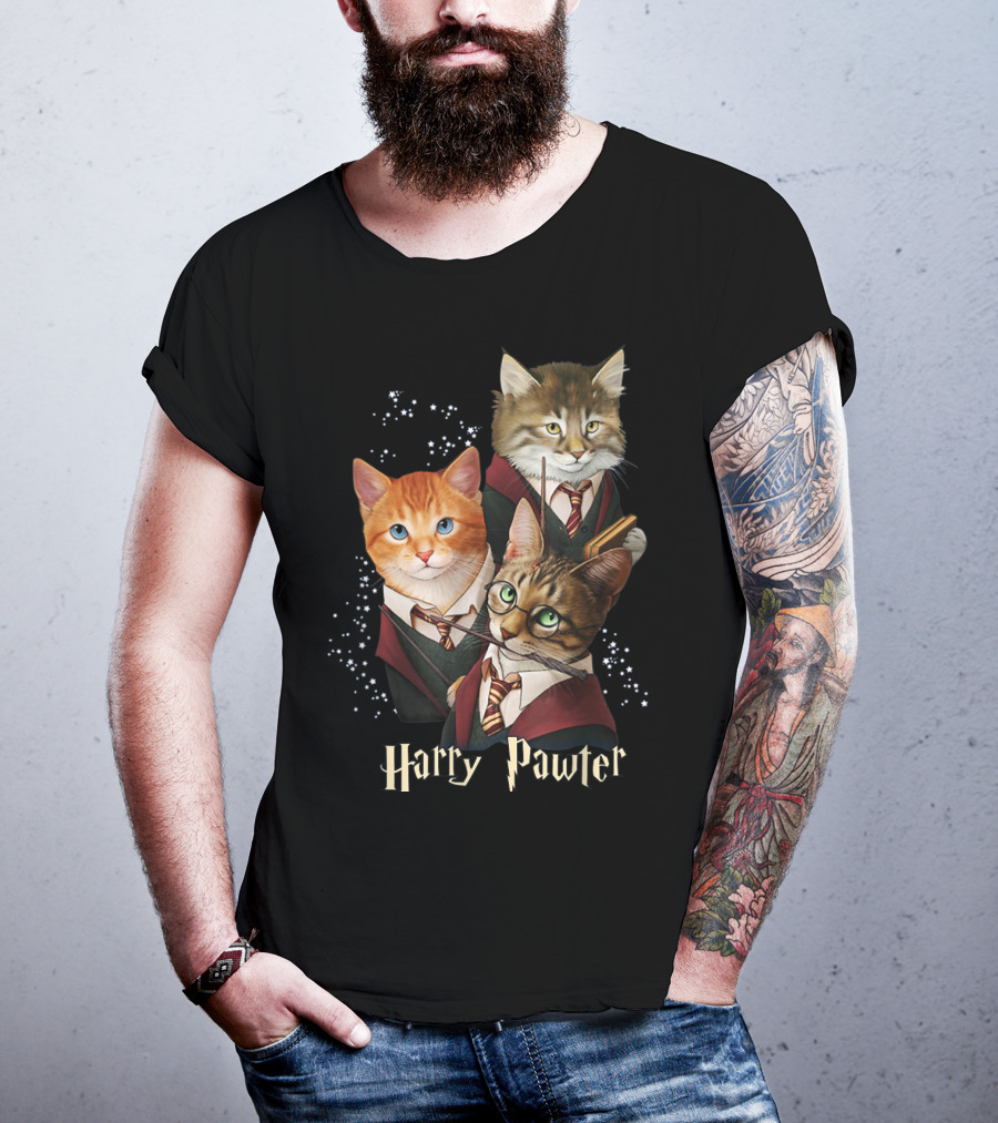 Harry Pawter Cats In Wizard Robes With Wands And Glasses T-Shirt