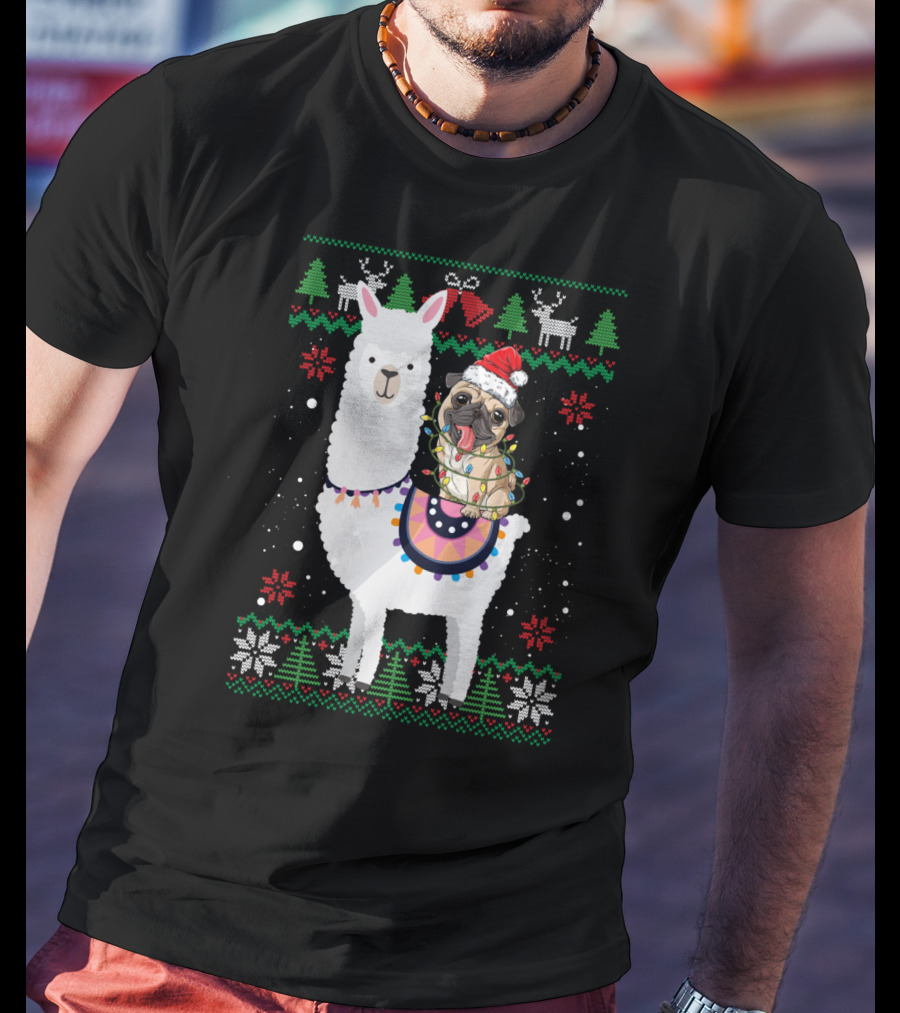 Christmas Pug Riding Llama With Santa Hat And Lights T-Shirt