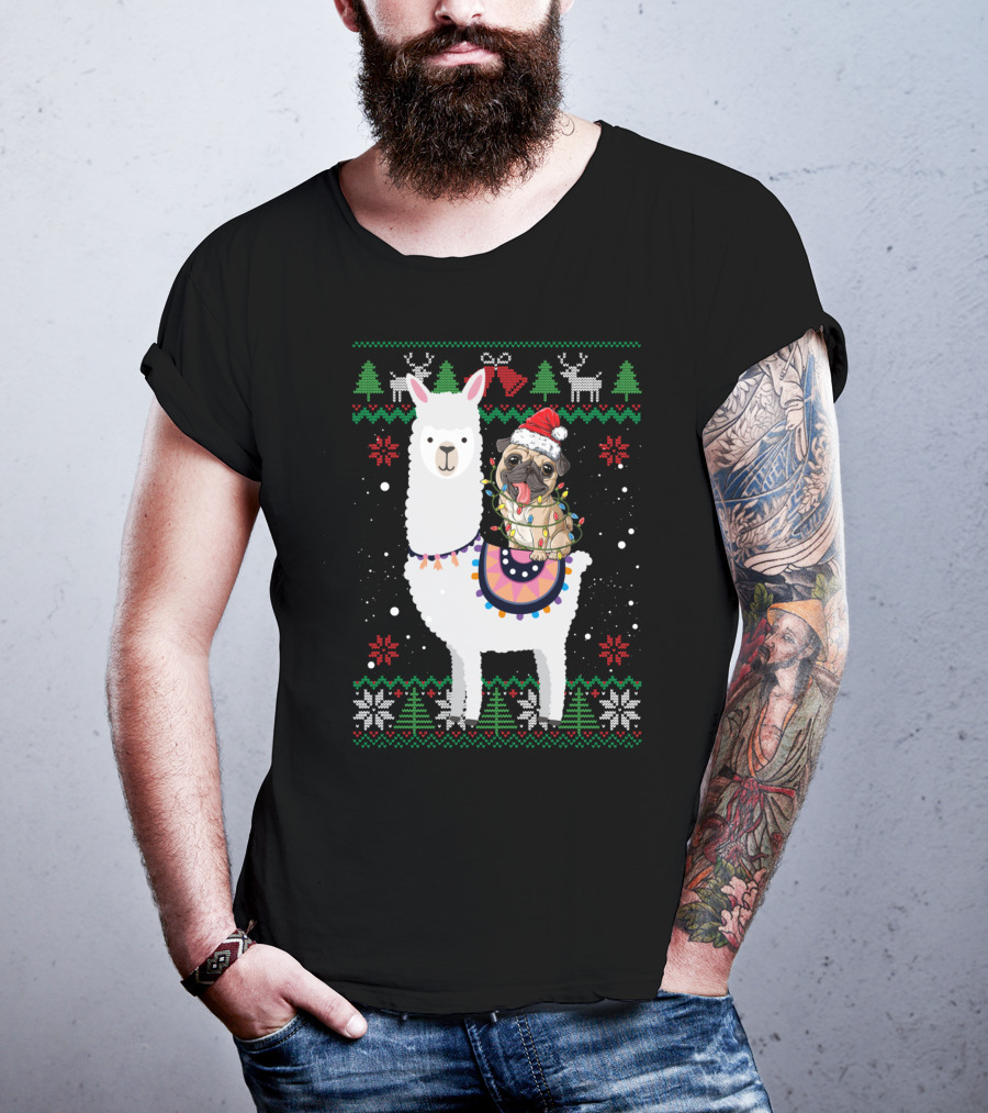 Christmas Pug Riding Llama With Santa Hat And Lights T-Shirt