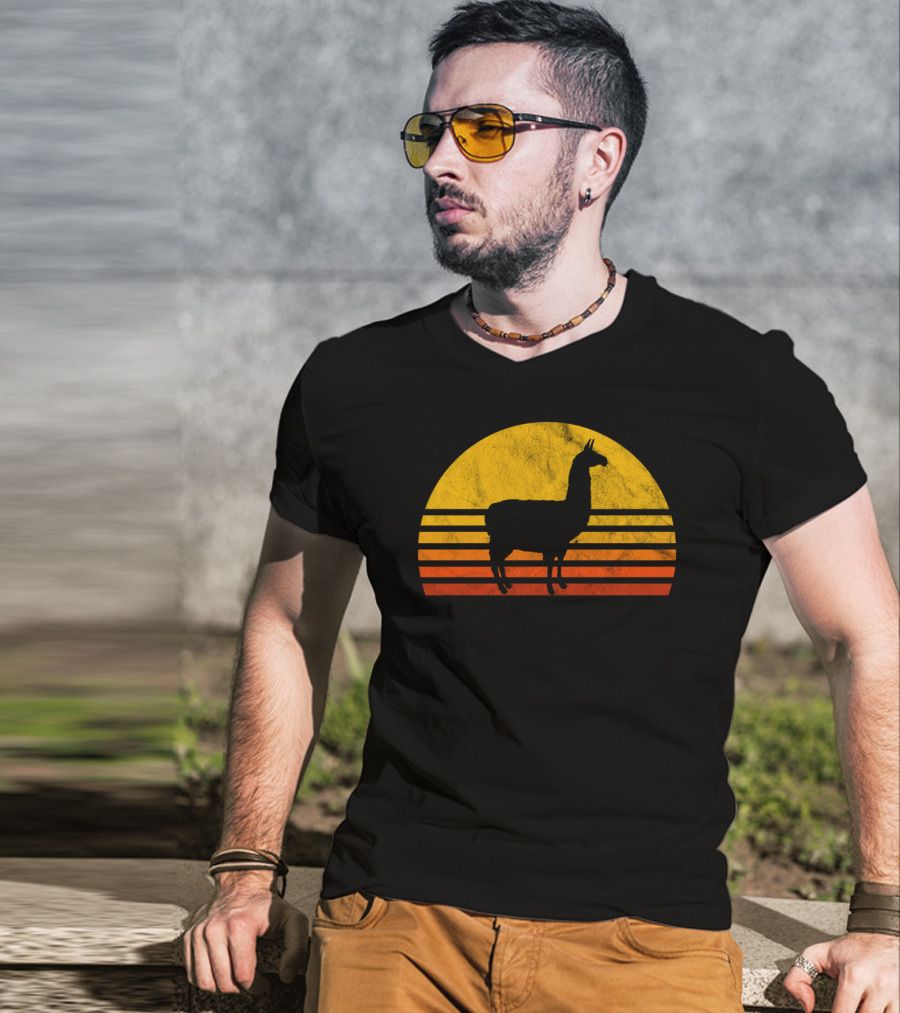 Retro Llama Silhouette Against Sunset Colors T-Shirt
