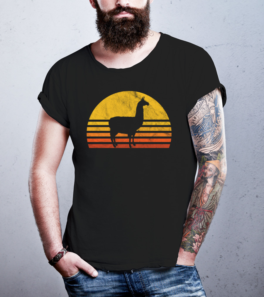 Retro Llama Silhouette Against Sunset Colors T-Shirt