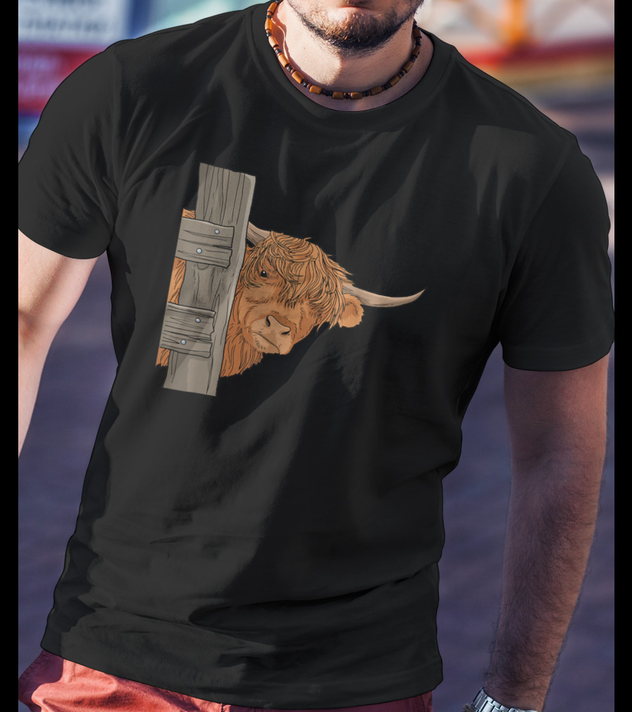 Scottish Highland Cow Spirit Animal Peeking Behind Wooden Fence T-Shirt