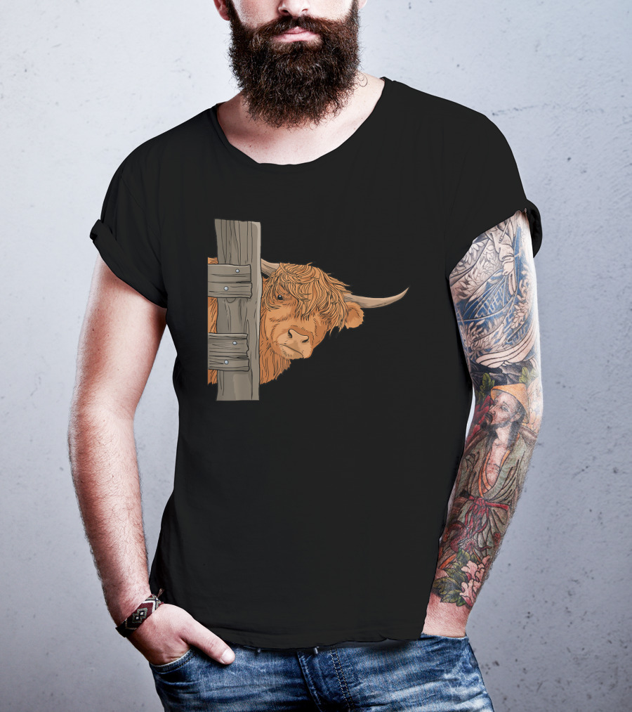 Scottish Highland Cow Spirit Animal Peeking Behind Wooden Fence T-Shirt