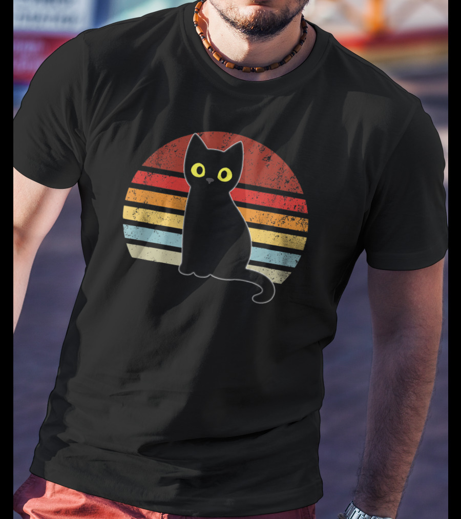 Vintage Retro Stripes Black Cat Kitty Kitten T-Shirt