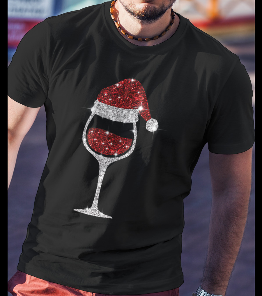 Sparkling Wine Glass With Santa Hat Christmas Celebration For Wine Lovers T-Shirt