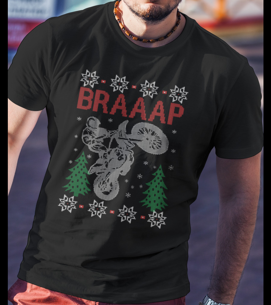 BRAAAP Motorcycle Biker Christmas Ugly Sweater Style Design Snowflakes Trees T-Shirt