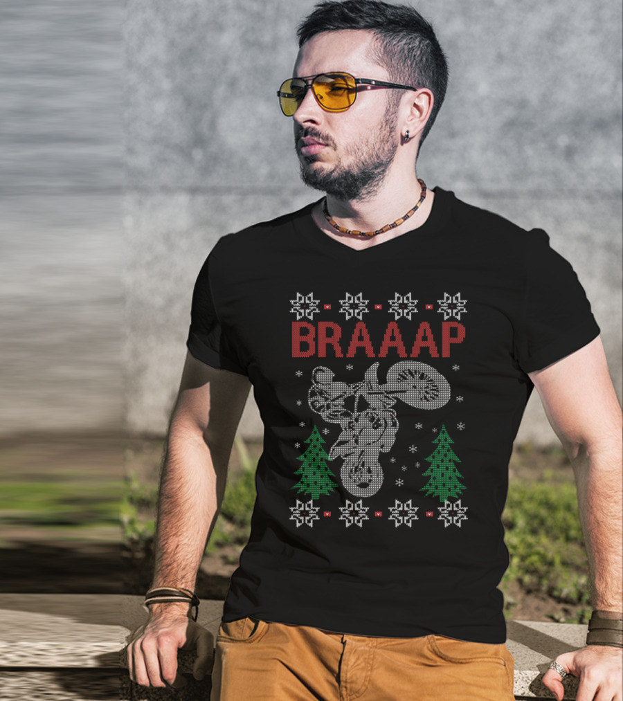 BRAAAP Motorcycle Biker Christmas Ugly Sweater Style Design Snowflakes Trees T-Shirt
