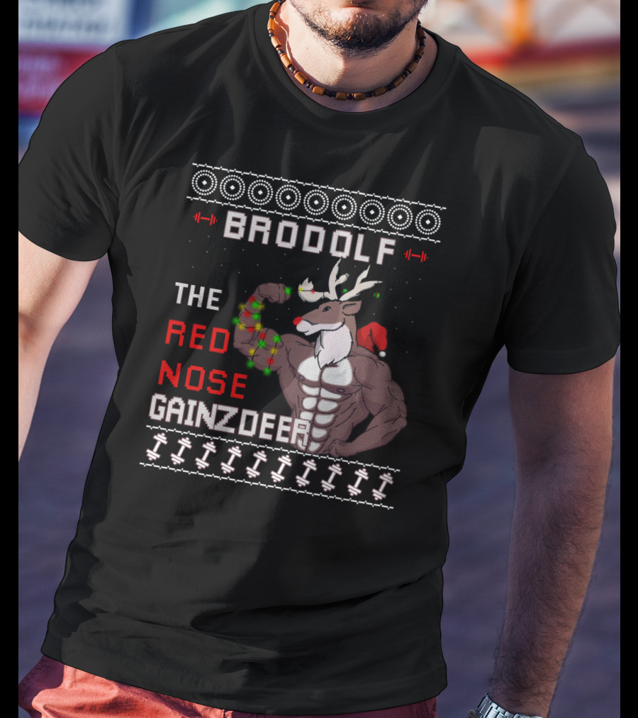 Brodolf The Red Nose Gainzdeer Lifting Weights Festive Sweater Style Fitness T-Shirt