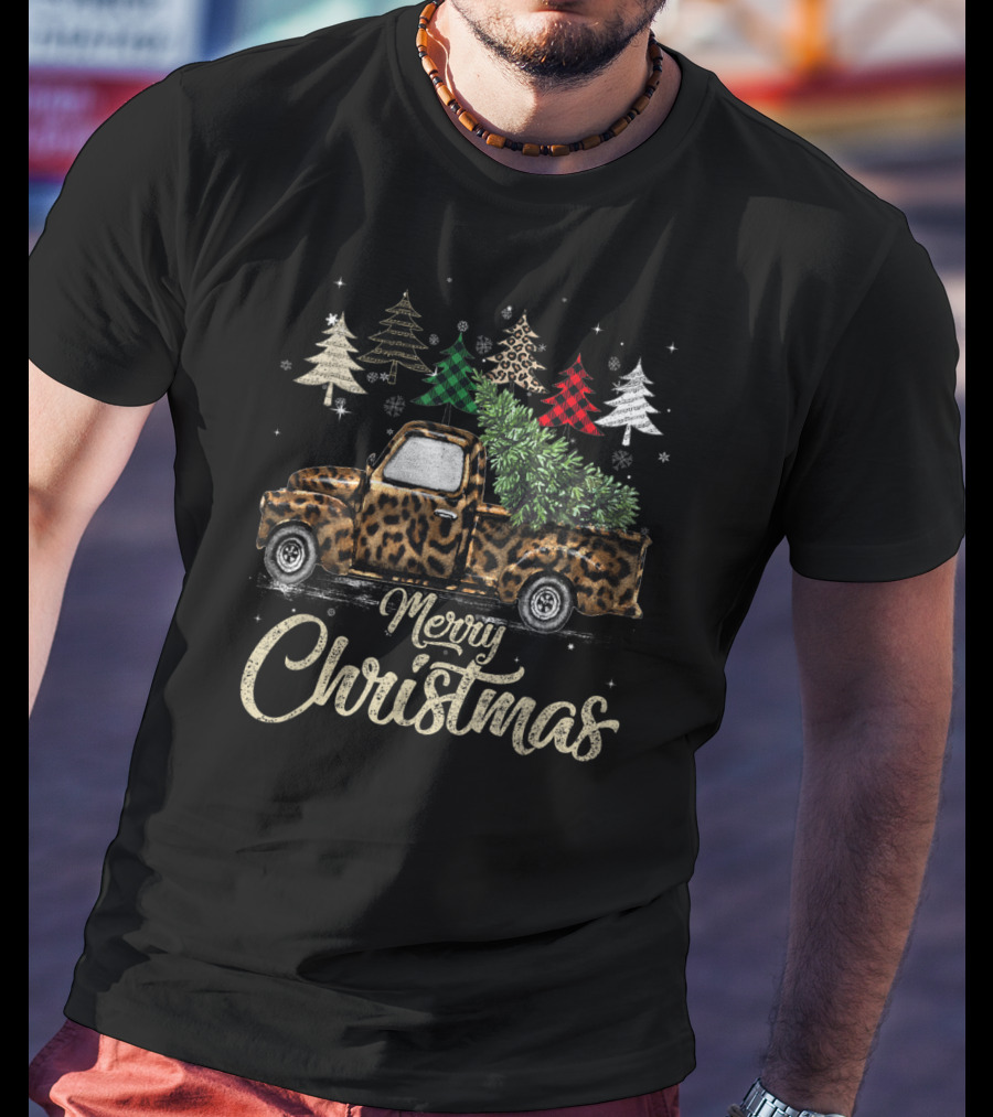 Merry Christmas Buffalo Plaid Leopard Truck With Trees T-Shirt
